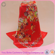 High quality customized hand-rolled edges red floral cheap satin scarf